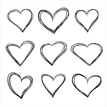 Heart hand drawn pen sketch set isolated on white background. Doodle collection of vector illustrations of black love hearts for the valentine day. Simple thin line style art for print, cards, banners