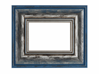 Wooden frame for paintings or photo with silver patina. Isolated on white