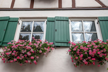 Fototapeta na wymiar Beautiful windows frame with flower boxes. Geranium or cranesbill in a window box. Rural window frame