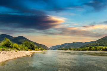 Danube river in Wachau valley at sunset time. Lower Austria.