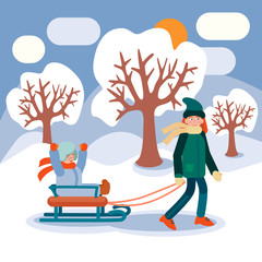 Winter, winter landscape, snow and trees around, girl rolls the baby on a sled in the snow. Trees and hills in the snow in the background. 