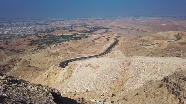 Jabel Hafeet mountain view point in Al Ain, UAE. A Panorama of Al Ain, United Arab Emirates, View from a mountain. Pan right