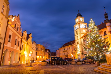 Fototapeta na wymiar Christmas time on Masaryk square at night. Center of a old town of Trebon, Czech Republ
