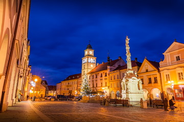 Night over Masaryk square. Center of a old town of Trebon, Czech Republic.