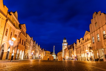 Fototapeta premium Night over Masaryk square. Center of a old town of Trebon, Czech Republic.