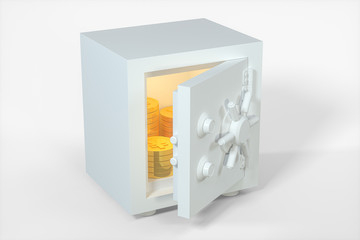 Mechanical safe, with shiny golden coins inside, 3d rendering.