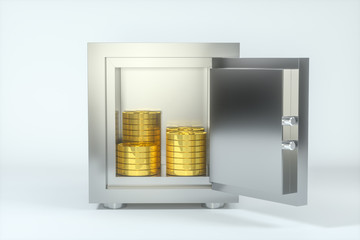 Mechanical safe, with shiny golden coins inside, 3d rendering.