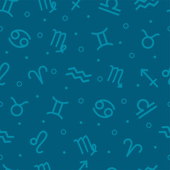 Zodiac signs on a blue background, geometric seamless pattern, flat illustration. Astrological background with zodiac signs for web. Zodiac signs background