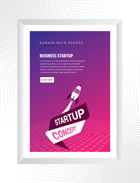 Startup business design poster with rocket