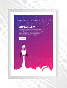 Startup business design poster with rocket