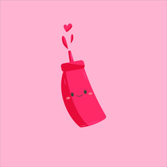 Vector flat illustration with kawaii bottle tomato ketchup. Cute cartoon ketchup isolated on a pink background.