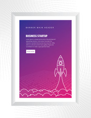 Colorful design business startup launch poster, rocket icon. Vector illustration.