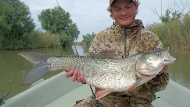 Young angler holds the trophy Asp fish (Leuciscus aspius)