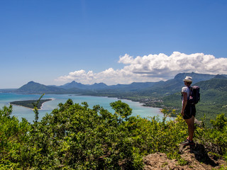 View from Le Morne Brabant mountain to west coast of Mauritius tropical island