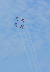 Turboprop light-engine aircrafts flying in the air.