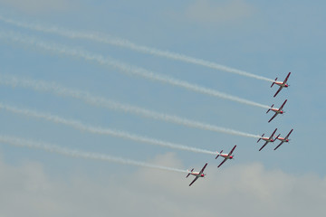 Turboprop light-engine aircrafts flying in the air.