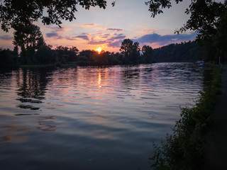 Idyllic Ruhr valley in Muelheim in the evening at sunset.