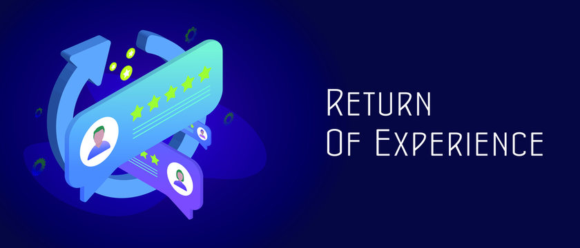 ROX - Return On Experience isometric concept with which marketers measure the purchase experience of their consumers. Header and footer banner template with text.