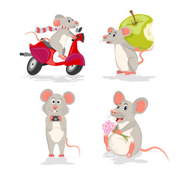 Vector set with the mouse or rat. Mouse on a scooter, mouse with apple, mouse with camera and mouse with flowers
