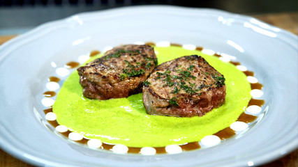 Delicious beef steak. Meat and different spices