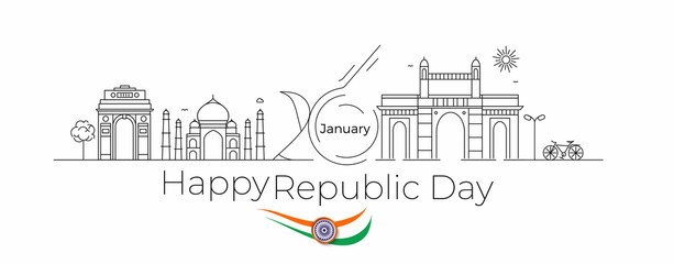 26 january Republic day concept - India Gate Taj Mahal & Gateway Of India Mumbai,  Line art vector illustration.