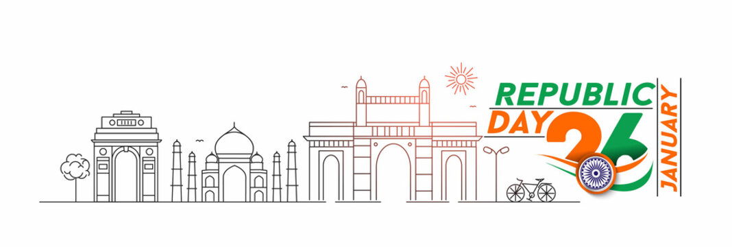 26 january Republic day concept - India Gate Taj Mahal & Gateway Of India Mumbai,  Line art vector illustration.