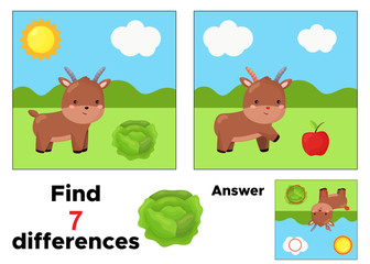 Educational game for children. Find seven differences. Farm animals. Cute kawaii goat and cabbage. Vector cartoon character.