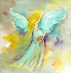 Christmas New year fairy angel watercolor painting hand drawn on paper element or clip art for card or your design