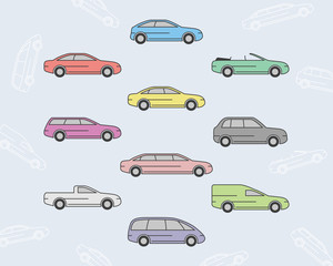 Car Icons set - Vector color symbols and outline of transportation for the site or interface