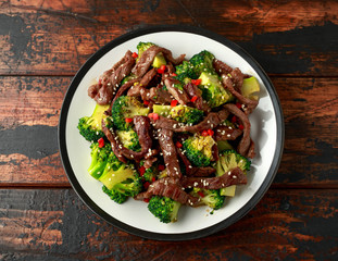 Homemade Beef and Broccoli on wooden table
