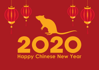 Chinese New Year 2020 year of the rat vector. Gold inscription Happy Chinese New Year. Golden rat silhouette vector. 2020 Chinese New Year with red lanterns