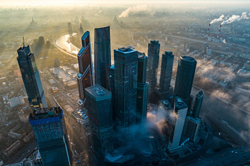 A aerial view of towers of the Moscow International Business Centre also known as Moscow City at dawn.