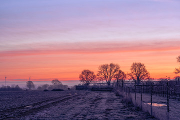 Horse equestrian course in the morning sunrise with frost on the muddy ground