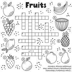 Black and white crossword puzzle game with fruits for kids