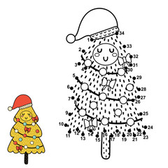 Dot to dot game with a cute Christmas tree in Santa hat