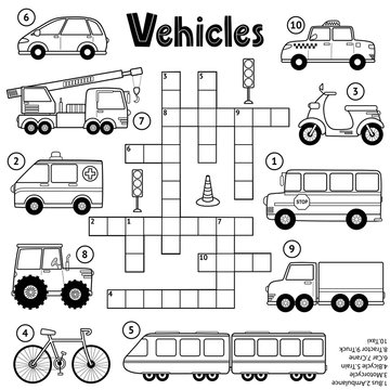Black and white crossword puzzle game for kids about transport