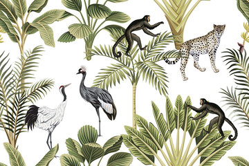 Tropical vintage botanical green palm tree, banana tree, crane, monkey and leopard floral seamless pattern white background. Exotic jungle wallpaper. © good_mood
