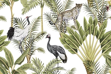 Tapeten Tropische Vintage botanische grüne Palme, Bananenstaude, Kran und Leopard floral nahtlose Muster weißen Hintergrund. Exotische Dschungeltapete. © good_mood