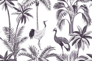 Botanische purpurrote Palme der tropischen Weinlese, Kranichblumennahtloses Muster weißer Hintergrund. Exotische Dschungeltapete.