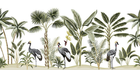 Paysage botanique vintage tropical, palmier, bananier, plante, oiseau grue motif floral sans soudure fond blanc. Papier peint animal exotique de la jungle verte.