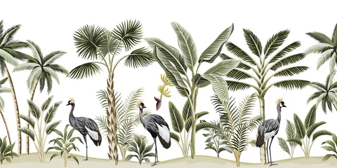 Acrylic prints Vintage botanical landscape Tropical vintage botanical landscape, palm tree, banana tree, plant, crane bird floral seamless pattern white background. Exotic green jungle animal wallpaper.