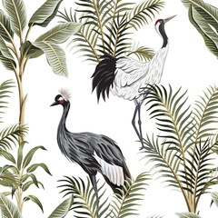 Tropical vintage botanical green palm tree, crane floral seamless pattern white background. Exotic jungle wallpaper.