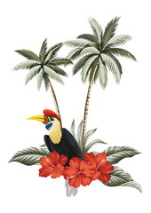 Tropical palm trees, palm leaves, hibiscus flower, exotic bird floral illustration. Exotic jungle summer print.