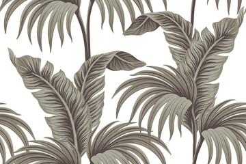  Faded banana and palm trees seamless pattern white background. Exotic jungle wallpaper.