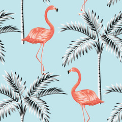 Tropical vintage coral flamingo and palm tree seamless pattern blue background. Exotic jungle wallpaper.