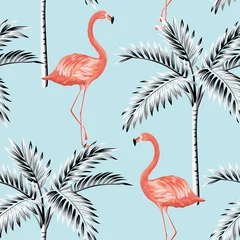Fotobehang Flamingo Tropische vintage koraal flamingo en palm naadloze patroon blauwe achtergrond. Exotisch junglebehang.