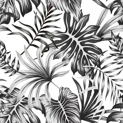 Wall murals Tropical Leaves Tropical black and white palm leaves seamless pattern white background. Exotic jungle wallpaper.