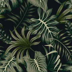 Gardinen Pflanzen Muster  Tropical green palm leaves floral seamless pattern black background. Exotic jungle wallpaper.  © good_mood