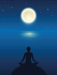 Fototapeta na wymiar yoga meditating person silhouette by the ocean with full moon and starry sky vector illustration EPS10
