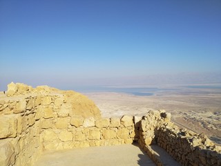 Masada National Park, Israel December 23th 2019 - stone arch to the platform with a view of the dead sea and the mountains of Jordan. View from the fortress Massada in Israel